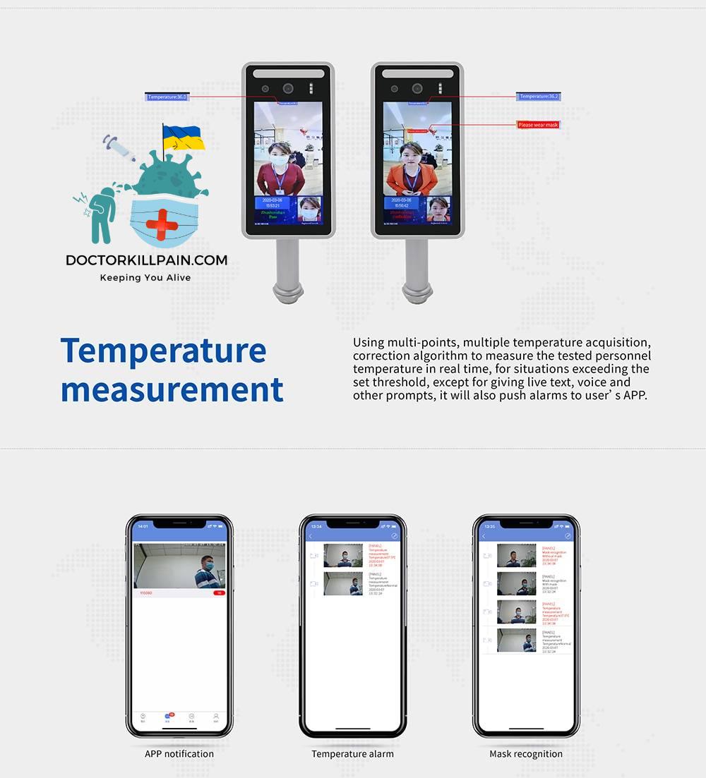 7 inch AI Human Body face Temperature Measurement Camera Color Face Recognition Body temperature Alarm Affordable Multilingual
