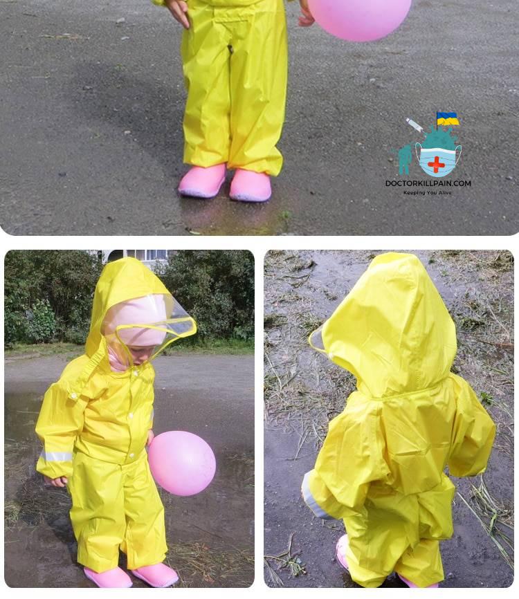 QIAN 2-9 Years Old Fashionable Waterproof Jumpsuit Raincoat Hooded Cartoon Kids One-Piece Rain Coat Tour Children Rain Gear Suit