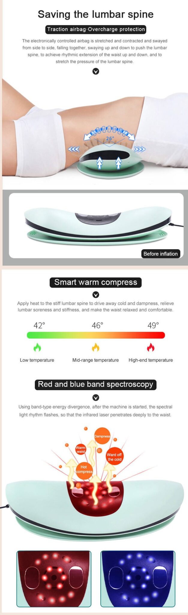 Smart Electric Lumbar Traction Device Waist Massager Inflated Back Stretcher Vibration Massage Heat Sciatica Pain Relief